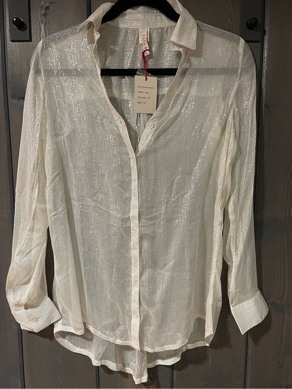 RAGA Sheer Metallic-Thread Button Down Blouse - Cream NWT